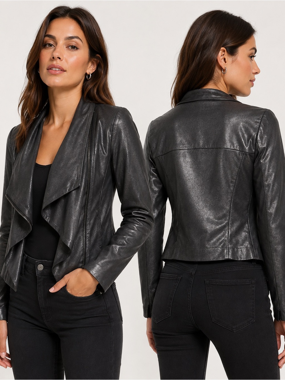Gianni Bini Metallic Black Faux Leather Draped Jacket